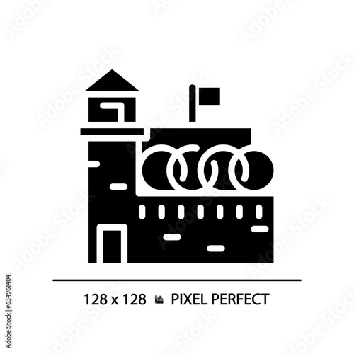 2D pixel perfect glyph style prison icon, isolated vector, silhouette building illustration.