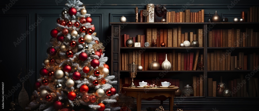 Weihnachtsdekoration mit weihnachtsbaumkugeln und dunkler Stimmung