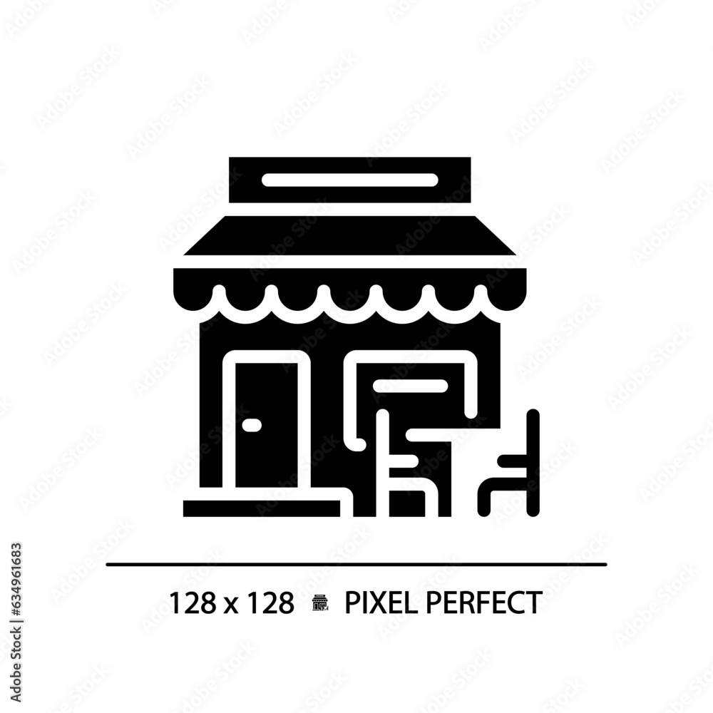 2D pixel perfect glyph style cafe icon, isolated vector, silhouette building illustration.