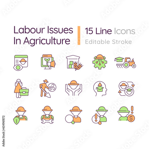 Labour issues in agriculture RGB color icons set. Food production. Agriculture worker. Labor market. Isolated vector illustrations. Simple filled line drawings collection. Editable stroke