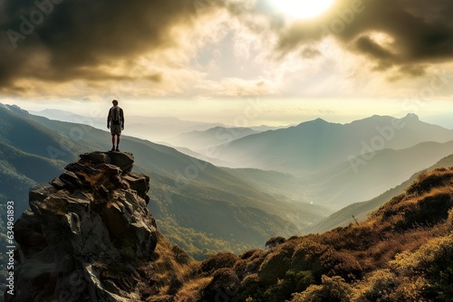 Wanderer steht auf einem Felsen an der Bergspitze und schaut über ein Gebirge mit toller Landscahft  © Nico