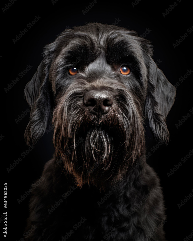 Generated photorealistic image of a black terrier with attentive eyes on a black background 