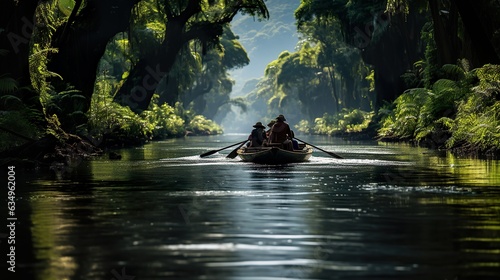 Menschen auf einem Ruderboot auf einem Fluss  photo