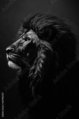 Generated photorealistic image of a black African lion in profile in black and white format