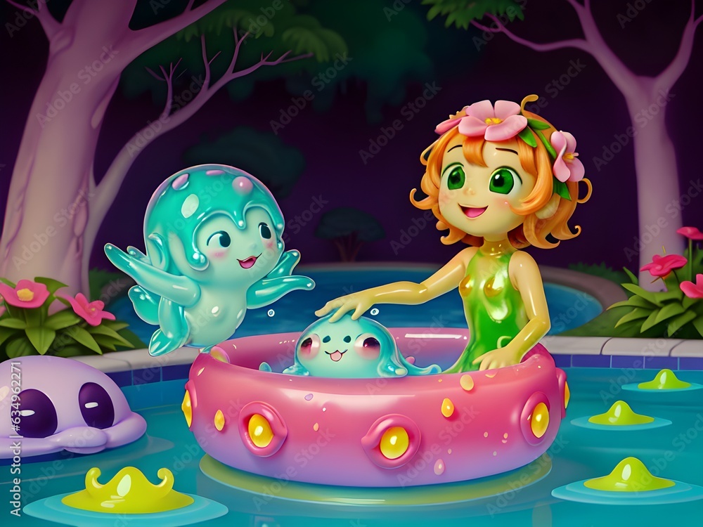 Fototapeta premium Cute Slime Creatures on Swimming Pool, Generative AI Illustration