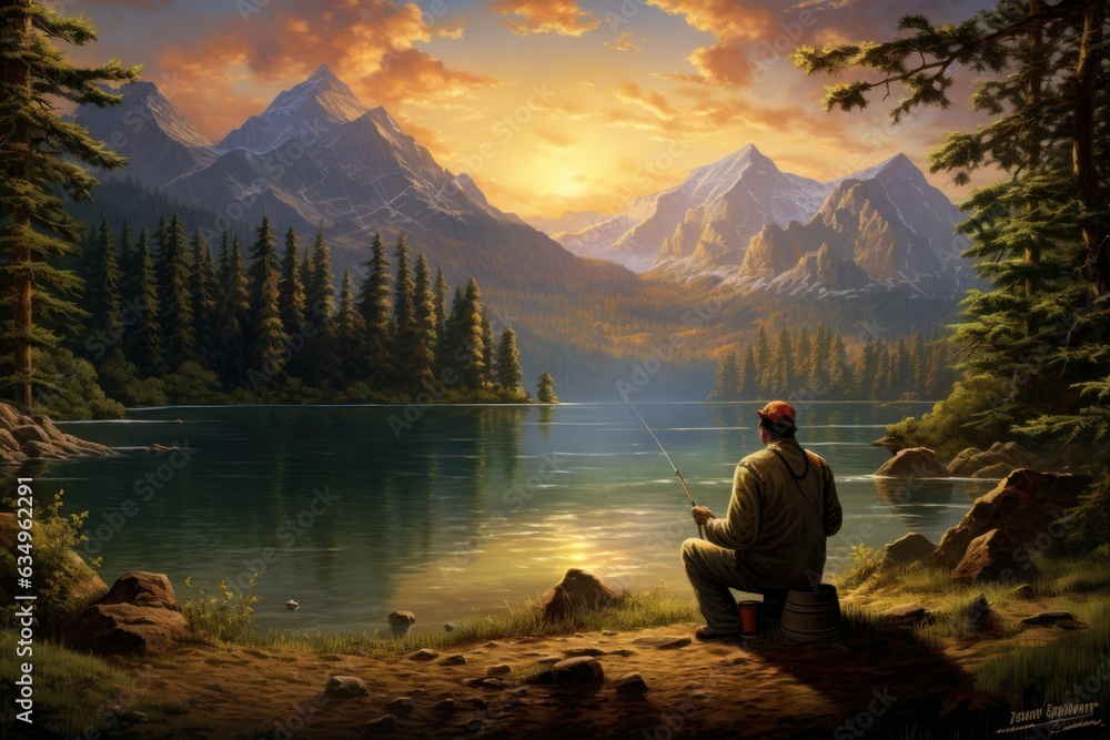 Tranquil Lakeside Retreat: Imagining a Serene Fishing Scene with Patient Angler, Fishing Line in Water, Tackle, and Majestic Mountain Backdrop

