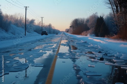 vereiste Straße mit Schnee im Winter, Rutschige Straße im Winter, Unfallgefahr wegen Eis  photo