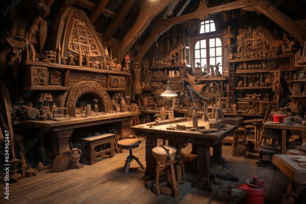 Artistry in Wood: Imagining a Rustic Studio with Meticulous Craftsman, Intricate Carvings, Tools, and Wooden Creations
