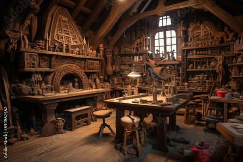 Artistry in Wood  Imagining a Rustic Studio with Meticulous Craftsman  Intricate Carvings  Tools  and Wooden Creations 