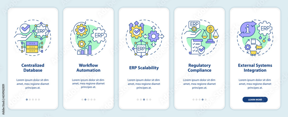 2D icons representing enterprise resource planning mobile app screen set. Walkthrough 5 steps graphic instructions with linear icons concept, UI, UX, GUI template.