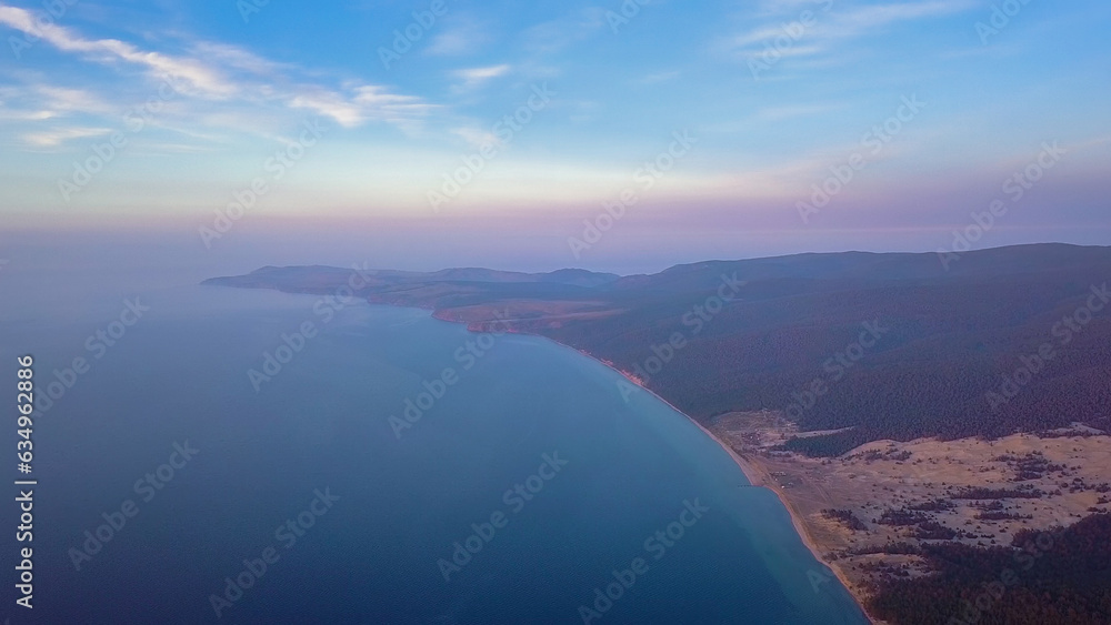 Russia, Lake Baikal, Olkhon Island, Sunset over Small Sea Bay. Cape Sagan-Khushun, From Drone