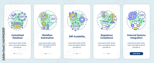 2D icons representing enterprise resource planning mobile app screen set. Walkthrough 5 steps graphic instructions with linear icons concept, UI, UX, GUI template.