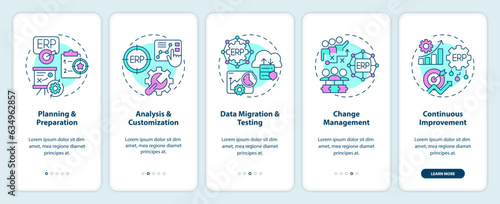 2D icons representing enterprise resource planning mobile app screen set. Walkthrough 5 steps graphic instructions with linear icons concept, UI, UX, GUI template.