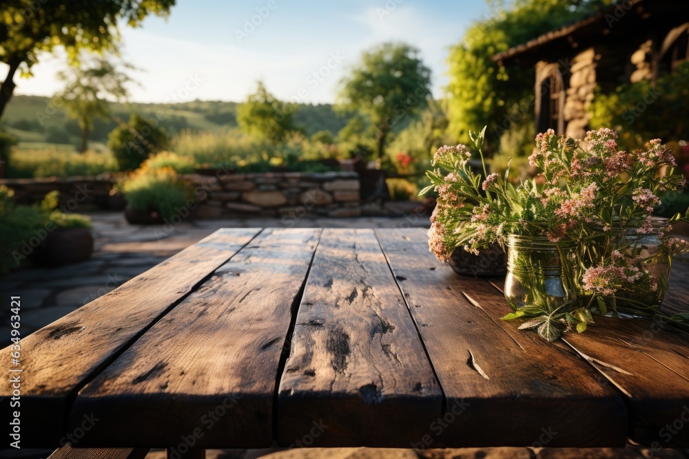 Empty wooden table with picnic in garden background. Generative AI Empty wooden table with picnic in garden background. Generative AI