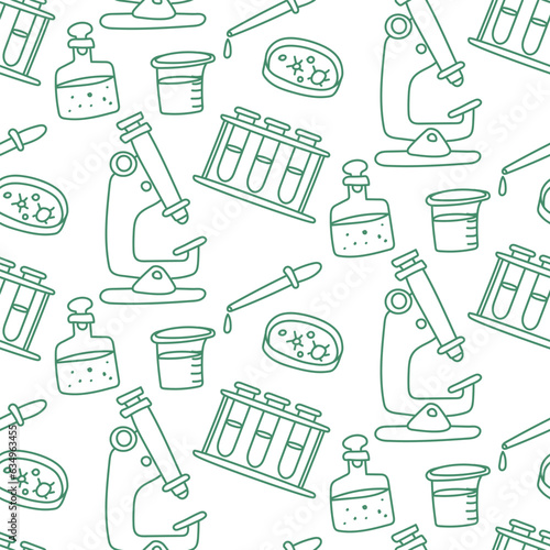 Pattern doodle science biology. Texture for biology. Back to school, biology lesson. Subjects for the lesson test tube, microscope, pipette, liquid on a white background