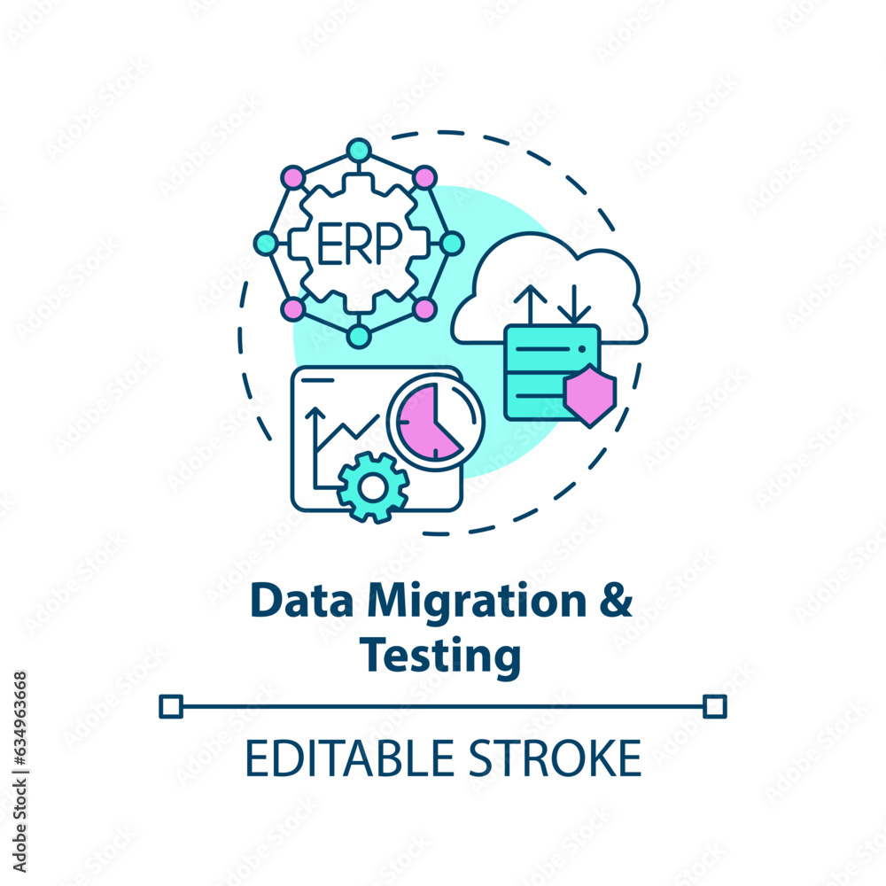 Editable data migration and testing icon concept, isolated vector, enterprise resource planning thin line illustration. Editable data migration and testing icon concept, isolated vector, enterprise resource planning thin line illustration.