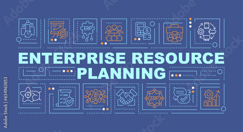 Enterprise resource planning text concept with various icons on dark blue monochromatic background, 2D vector illustration.