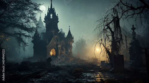 Halloween, an old abandoned castle at night, generative AI © Tetiana Romaniuk