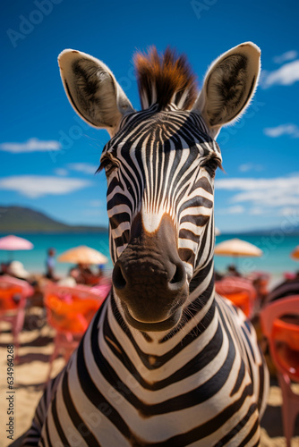 Vertical portrait of relaxed, funny zebra animal enjoying sunbathing at seaside resort, chilling and lounging on beach sand. Vacation rest in hot country beach concept. Generative AI Technology