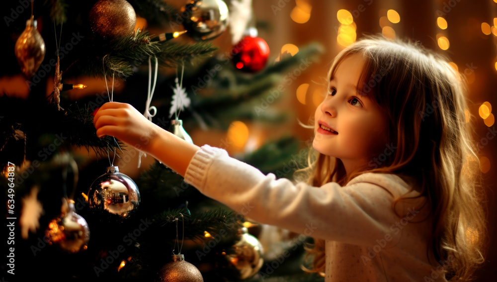 Close-up of a happy little boy in a red sports jacket decorates the Christmas tree with a big glass red ball. Bokeh. Copy space. Home decoration for the holiday. Generated by AI Close-up of a happy little boy in a red sports jacket decorates the Christmas tree with a big glass red ball. Bokeh. Copy space. Home decoration for the holiday. Generated by AI