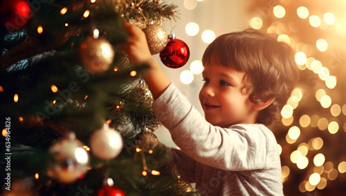 Close-up of a happy little boy in a red sports jacket decorates the Christmas tree with a big glass red ball. Bokeh. Copy space. Home decoration for the holiday. Generated by AI