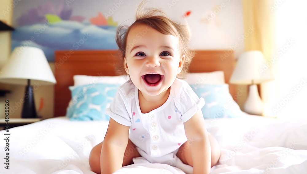 happy child having fun jumps and plays bed. Generated by AI