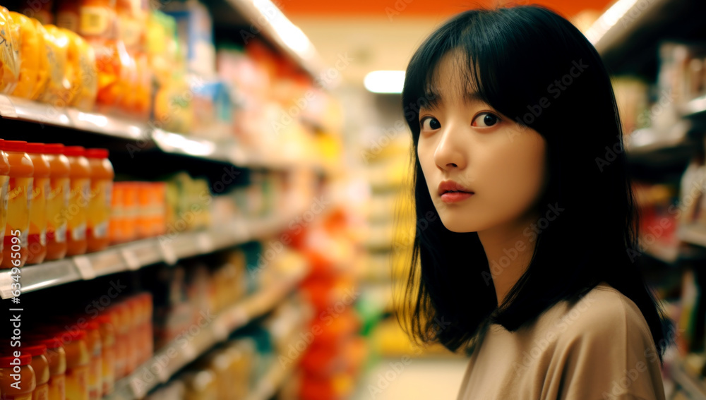 Asian girl shopping in a supermarket. Generated by AI