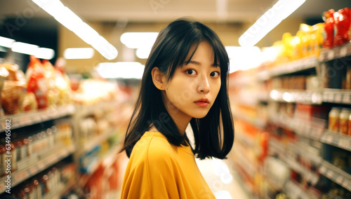 Asian girl shopping in a supermarket. Generated by AI © millenius