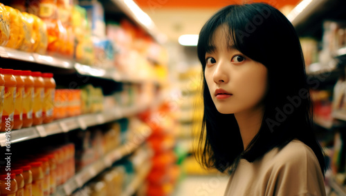 Asian girl shopping in a supermarket. Generated by AI