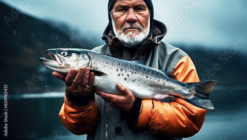 Fisher holding a big atlantic salmon fish in the fishing harbor. Generated by AI
