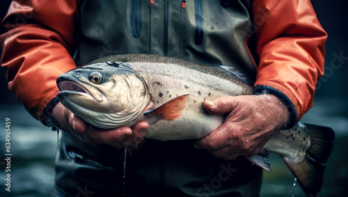Foto Fisher holding a big atlantic salmon fish in the fishing harbor