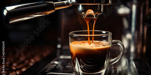 A coffee machine with espresso in the background  ofessional espresso machine while preparing two espressos shot in a coffee shop