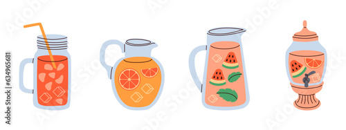 Set of lemonade jugs with ice cube end various fruits. Refreshing drink with mint leaves in pitcher with straw.