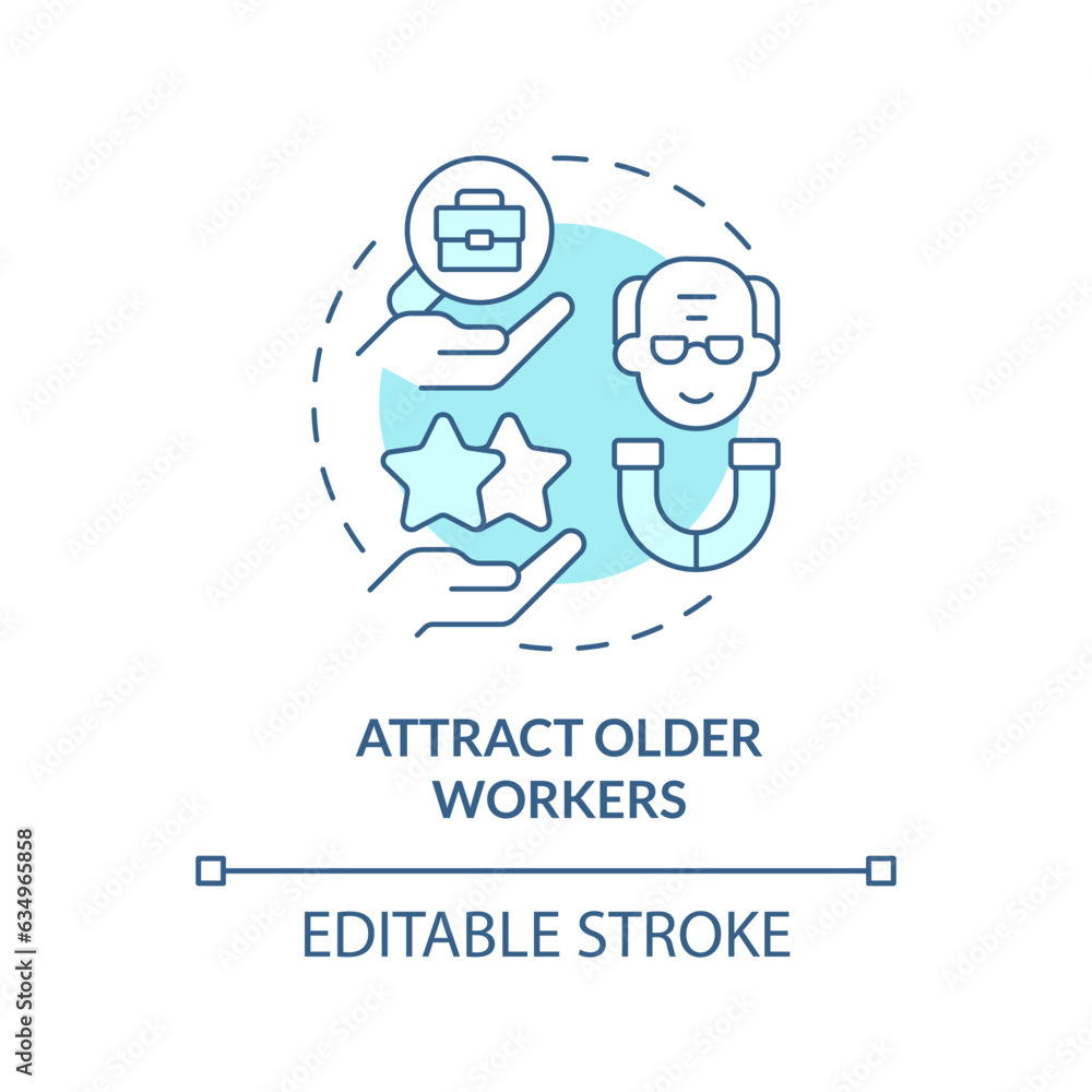 2D editable attract older workers thin line icon concept, isolated vector, blue illustration representing unretirement.