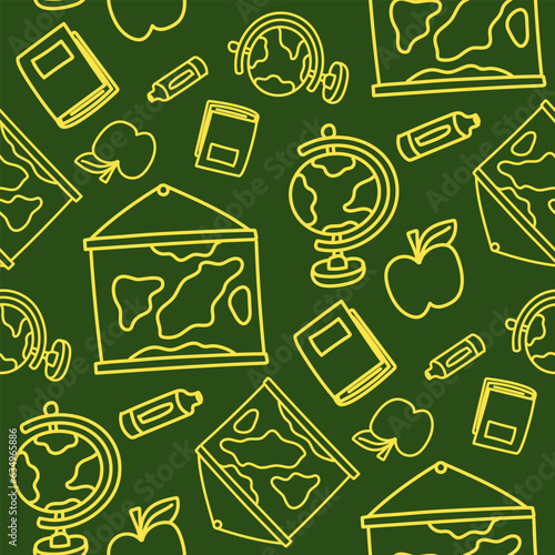 Pattern on the theme of education, geography lesson globe, wax crayon, map, diary, apple in the style of dudul on a dark background. School subjects for teaching. Print. Back to school