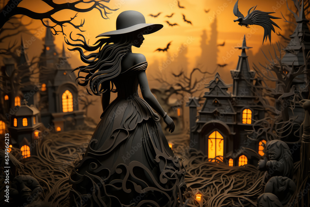 Halloween festival pumpkins , Witch and dark castle haunted in moonlight forest at night , Halloween background , Created with Generative Ai Technology