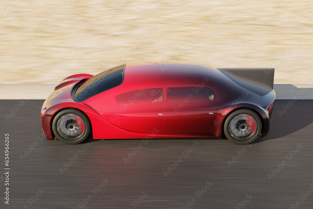 Futuristic Red Electric Car driving on road with desert background. Generic design, 3D rendering image.