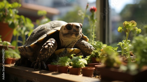 A mad tortoise in a balcony garden