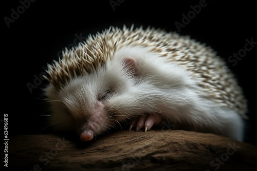 A peaceful white hedgehog sleeping soundly while having sweet dreams. Generative AI