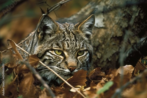 A camouflaged wildcat stealthily navigates a forest. Generative AI