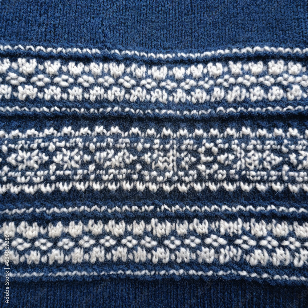 Wool sweater texture of dark blue color with white border. Natural knitted wool indigo color material with white ornament. Horizontal or vertical background with knitted fabric texture, 
AI generator