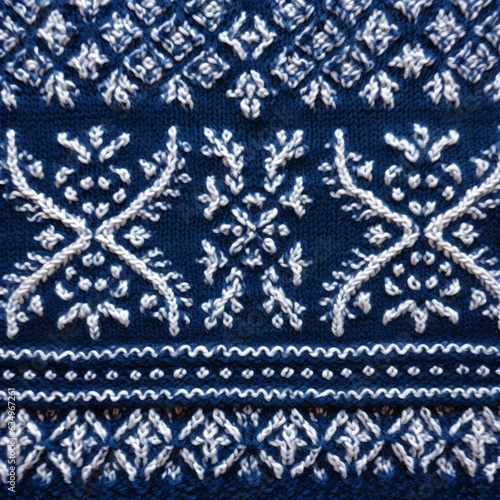 Wool sweater texture of dark blue color with white border. Natural knitted wool indigo color material with white ornament. Horizontal or vertical background with knitted fabric texture, AI generator