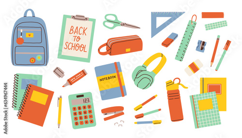 School and education cute stickers template set. Bundle of textbooks, stationery supply, objects. Scrapbooking elements.