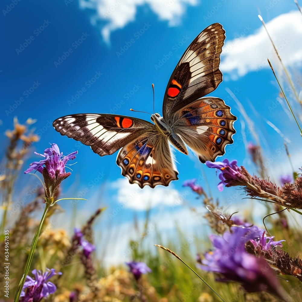 In flight, the Purple emperor butterfly (Apatura iris) is flying over the blooming flowers on the field. A butterfly flies against the blue sky. The beauty of insects in the wild. In flight, the Purple emperor butterfly (Apatura iris) is flying over the blooming flowers on the field. A butterfly flies against the blue sky. The beauty of insects in the wild.