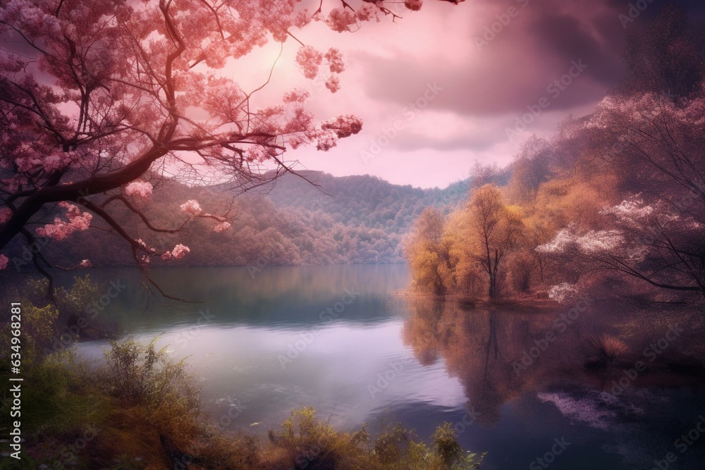 Mystical forest with blooming trees, river, and lake under cloudy sky. Generative AI Mystical forest with blooming trees, river, and lake under cloudy sky. Generative AI