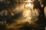 A mystical marsh in glowing sunlight with stunning tree-backlighting. Generative AI