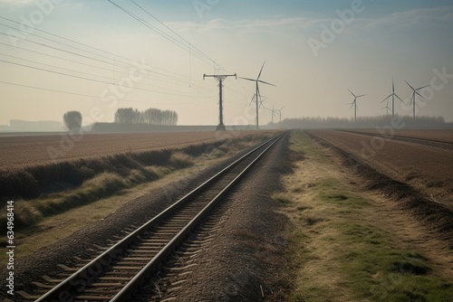 Crossing tracks, sunny fields, wind farms in distance. Generative AI