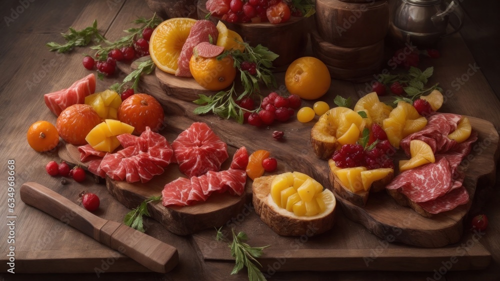Seasonal Fruit Cut Up And Arranged On A Wooden Board, Aesthetic, Warm Dramatic Lighting, Medieval Tavern, Delicious Charcuterie Generative AI