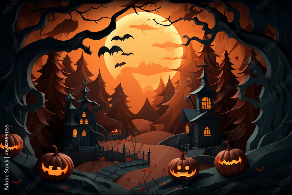 Fototapeta premium Halloween background in paper cut style. A spooky forest with pumpkin on a scary halloween night. Generative AI.