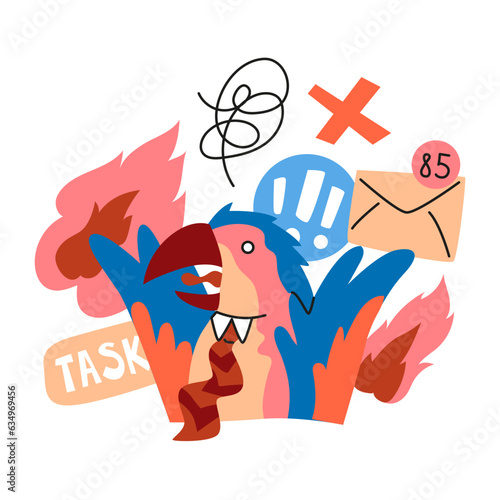 Parrot in a suit and tie screams in panic. Office worker in a deadline. Overloaded with chores and tasks. Animals in the world of business. Vector illustration isolated on white background.